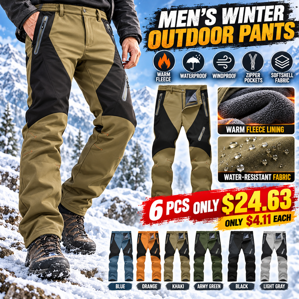 🔥 BESTSELLER | 6PCS $24.63 | Men's Fleece-Lined Softshell Winter Outdoor Pants